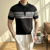 AIDASE  -  Summer New British Slim-Fitting Gray and White Striped Short-Sleeved Polo Shirt Men's T-shirt aidase-shop