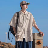 Aidase Summer Lapel Retro All-Match Shirt Men Big Pocket Design Versatile Shirts Loose Suit Solid Color Half-Sleeve High Quality Blouse aidase-shop