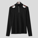 AIDASE  -  Men T Shirt Solid Zipper Knitted Off Shoulder Turtleneck Long Sleeve Male Tee Tops Streetwear Fashion Casual Camisetas aidase-shop