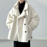 Aidase Korean Style Men's Lamb's Wool Coats Fleece Belt Turn-down Collar Double Breasted Solid Color Loose Male Jackets