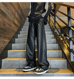 Aidase Men's PU Leather pants Fashion baggy Motorcycle Pants Men Wide-leg Mopping Trousers All-match Windproof Plus Size 8XL-M