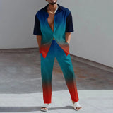Aidase Fashion 3D Print Two Piece Set Men Summer Short Sleeve Lapel Shirts Top And Pants Casual Suit Streetwear Mens Outfit