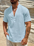 AIDASE  -  Men's Linen Blend Henley Shirt Short Sleeve V Neck Casual Summer Beach Top aidase-shop