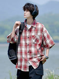 AIDASE  -  Trendy Summer Elegant Short Sleeve Plaid Shirt Men's American Casual Oversized Pocket T Shirts Y2K Streetwear Camisas aidase-shop