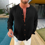 AIDASE  -  Trendy Wrinkle-Free Formal Dress Men'S Shirt Male Casual Solid Fold Shirt Collarless Long Sleeve Button Shirt Blouse Ropa Hombre aidase-shop
