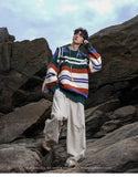 AIDASE  -  Winter Men's Retro O-neck Sweater with Contrasting Stripes Casual Loose Pullover Sweater for Teenagers Preppy Striped Cardigan aidase-shop