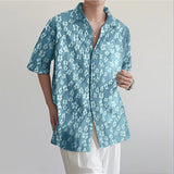 AIDASE  -  Men Shirt Flower Jacquard Loose Korean Style Lapel Short Sleeve Men Clothing Streetwear Fashion Casual Shirts S-5XL aidase-shop