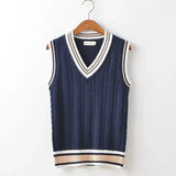 Aidase Striped White Knitted Sweaters for Men Blue Sleeveless Man Clothes V Neck Vest Red Waistcoat Jumpers Sweat-shirt Cigaret Cotton aidase-shop