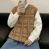 Aidase Sweater Vest Men Japanese Plaid V-neck Knitwear Fashion All-match Sleeveless Spring Soft Ins Clothing Classic Minimalist Stylish aidase-shop