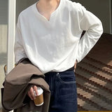 AIDASE  -  Autumn 100% Cotton Small V-neck Long Sleeve T-shirts Men Korean Casual Solid Color High-end Design Loose Bottoming Shirt Men aidase-shop