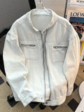 AIDASE  -  Washed Jeans Coat Worn Deconstructed Stand Collar Denim Jacket for Men's American Cleanfit Design Canvas Zipper Jacket aidase-shop