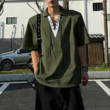 AIDASE  -  Men Shirt Lapel Short Sleeve Patchwork Lace Up Casual Men Clothing Streetwear Korean Style Summer Fashion Male Tops aidase-shop