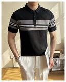 AIDASE  -  Summer New British Slim-Fitting Gray and White Striped Short-Sleeved Polo Shirt Men's T-shirt aidase-shop