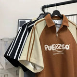 AIDASE  -  Polo Shirt Waffle Half Zipper Men's Large Size Turndown Collar Short-sleeved T-shirt Women Summer Letter Loose Casual Tops Tees aidase-shop