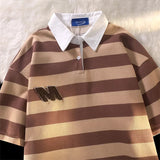 AIDASE  -  Vintage Hong Kong Style Striped Shirt Preppy Polo Collar Short Sleeved T-shirt Men Women Japan Letter Flocking Casual Lapel Top aidase-shop