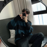 Knitted Light Luxury Pullovers Sweater Men Casual Striped Vintage Loose O Neck Solid Color Long Sleeve Coat Streetwear aidase-shop