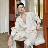 AIDASE  -  Men's Long Sleeve Shirts Embroidered Jacquard Handmade Pearl Diamond Decoration Standing Collar Male Clothing aidase-shop