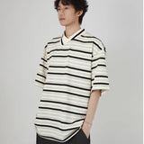 AIDASE  -  Summer Vertical Striped POLO Shirt Irregular Neckline Design Short-sleeved Top Unisex Contrasting Striped T-shirts Elegant Wear aidase-shop