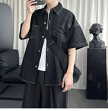 AIDASE  -  Men's Denim Short Sleeve Shirt Inverted Pocket Decoration Short Sleeve Single-breasted Male Shirts Fashion Menswear 21E6523 aidase-shop
