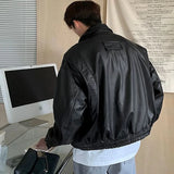 Aidase Men's Casual Texture PU Leather Jacket High Street Zippers Turn-down Collar Long Sleeve Retro Coat with Pocket Spring Autumn aidase-shop