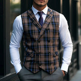 AIDASE  -  Trendy Sleeveless Slim Waistcoats Mens Spring Fashion Lapel Buttoned Plaid Striped Vest Jackets Men Casual Tie-up Suit Coat Male aidase-shop