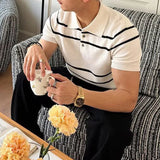 AIDASE  -  Daily Leisure Mens Slim Polo Shirts Knitted Short Sleeve Buttoned Turn-down Collar Polo Shirt Summer Casual Striped Knitting Top aidase-shop