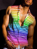 Aidase Fashion Rainbow Colorful Print Men's Vest Sleeveless Shirt Casual Buttoned Turn-down Collar Tank Tops Summer Men Clothes Vintage
