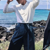 AIDASE  -  Spring Autumn Fashion Men's Polo Shirts Knitted Long Sleeve Button-up Polo Neck Tops Vintage Solid Color Mens Pullover Tops aidase-shop