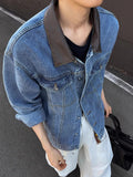 AIDASE  -  Casual Long Sleeve Leather Collar Outerwear Men Vintage Patchwork Buttoned Lapel Denim Coats Mens Spring Fall Fashion Outerwear aidase-shop