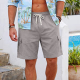 AIDASE  -  Men's Cotton Linen Cargo Shorts Elastic Waist With Drawstring 6 Pockets Summer Vacation Casual Men's Stretch Shorts aidase-shop