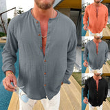 AIDASE  -  Trendy Wrinkle-Free Formal Dress Men'S Shirt Male Casual Solid Fold Shirt Collarless Long Sleeve Button Shirt Blouse Ropa Hombre aidase-shop