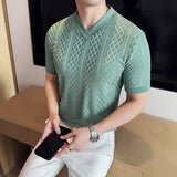 AIDASE  -  Men's Slim V-Neck Spring Summer Stretch Knit Top  Geometric Texture, Breathable Layering Base for Casual & Smart-Casual Outfits
