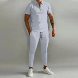 AIDASE  -  Fashion Striped Print Mens Tracksuits Spring Summer Short Sleeve Lapel Zipper Tops and Pants Two Piece Sets Men Sports Clothing aidase-shop