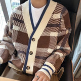 Aidase Autumn Men's Luxury Knitted Plaid Printed Buttons Cardigan Sweater Long Sleeve Streetwear Leisure Coat Fashion Check Knitwear aidase-shop