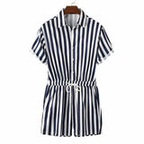 AIDASE  -  Men's Striped Rompers Streetwear Fashion Casual Playsuits Short Sleeve Button Lapel Jumpsuits Drawstring Boxers Shorts Bodysuits aidase-shop