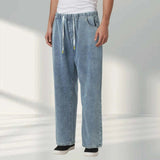 AIDASE  -  Men Casual Long Pants Men'S Fit Straight Leg Elastic Waist Jeans With Drawstring Work Commute Pantalon Zippé Entrejambe Homme