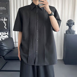 AIDASE  -  Shoulder Padded Men's Shirt Short-sleeved Niche Pleated Design Lapel Single-breasted Solid Color Tops Summer New aidase-shop