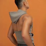 Aidase High Elastic Sport Hooded Vest Men Backless Sleeveless Hoodie Sweatshirt Fashion Casual Zipper Placket Slim Fit Tank Tops