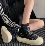 AIDASE  -  Fashion Women Buckle Strap Canvas Shoes High Top Thick Sole Height Increasing Short Ankle Boots Black Beige Autumn Sneakers aidase-shop