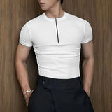 AIDASE  -  Men T Shirt Knitted Solid Color Zipper O-neck Short Sleeve Male Tee Tops Streetwear 2025 Fashion Casual Men Clothing aidase-shop