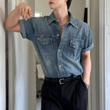 AIDASE  -  Summer New Men's Tide Korean Stylish Elegant Fashion Washed Denim Shirt Chic Casual Short Sleeve Vintage Shirts Tops