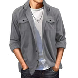 AIDASE  -  Fashion Suede Shirt for Men's Clothing Spring Autumn Casual Solid Color Pocket Long Sleeves Turn-down Collar Coats Loose Tops aidase-shop