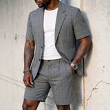 AIDASE  -  Men Plaid 2 Piece Summer Suit Short Sleeve Blazer Matching Knee Length Shorts Set Casual Daily Business Vacation Formal Outfit aidase-shop