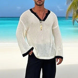 AIDASE  -  Men T Shirt Patchwork Hollow Out See Through Sexy Male Tee Tops Loose V Neck Long Sleeve Fashion Streetwear Men Clothing aidase-shop