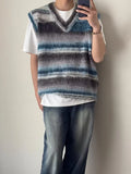 Aidase Knitted Sweaters for Men Sleeveless Striped Green Vest Man Clothes Waistcoat Gradient Color Neck High Quality Replica Street S V