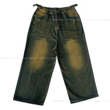 Aidase 90s Retro Skater Men Baggy Jeans Green Wash Adjust-waist Casual Wide Leg Oversize Pants Y2k Trousers Plus Size Clothes
