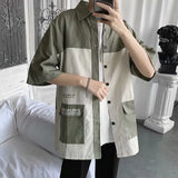 Aidase Elegant Fashion Shirts Loose Solid Patchwork Casual Turn-down Collar Short Sleeve Pockets Spring Summer Thin Men's Clothing aidase-shop