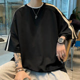 24.79Aidase Summer High Street Men and Women Trendy Hip Hop Personality Stripe Round Neck Short Sleeve Couple Loose Casual Simple Top y2k aidase-shop