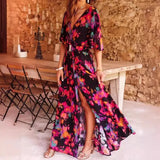 AIDASE  -  Spring Summer Floral Print Slimming Waist Midi Dress Elegance Short Sleeve V-Neck Dress Regular Sleeve Length Ankle-Length aidase-shop