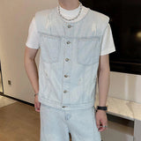 AIDASE  -  Denim Men's Sets Round Collar Solid Color Holes Design Single Breasted Sleeveless Vests Pleated Loose Male Jeans New 9W3269 aidase-shop